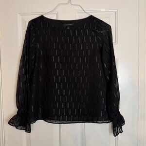 Banana Republic Black Flowy Shimmery Sheer Ruched Sleeve Blouse X-Small